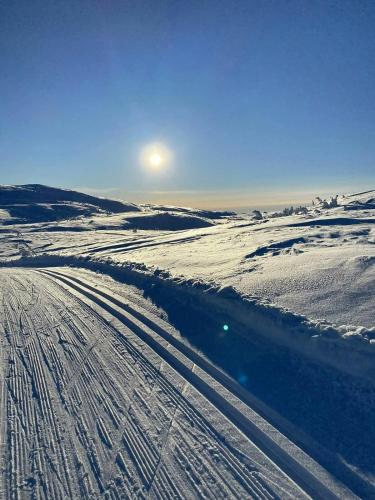 a snow covered road with the sun in the background at Family Cabin With Panoramic View Near Vikerfjellet in Hønefoss