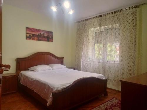 ein Schlafzimmer mit einem großen Bett und einem Fenster in der Unterkunft Klejdo apartment in Tirana