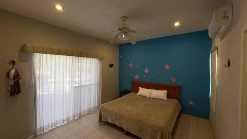 a bedroom with a bed and a blue wall at Matraca 74 in Celestún