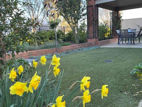 a bunch of yellow flowers in a yard at Lakeside Retreat Nagambie in Nagambie