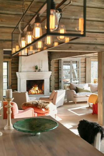 a living room with a fireplace and couches at Cabin With Panoramic View Over Hardangervidda in Dagali