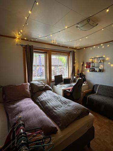 Un dormitorio con una cama, un escritorio y una silla. en Rom i bofelleskap, en Sogndal