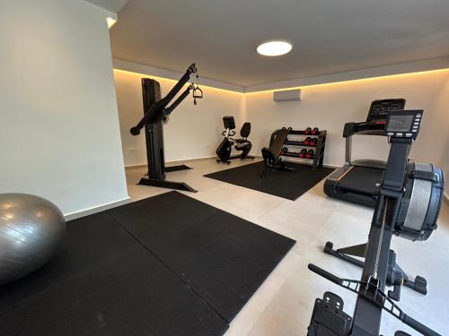 a gym with several exercise equipment in a room at Paolas Sunset in Agios Stefanos