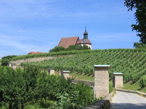 a vineyard with a church on top of a hill at Hotel Schwarzes Ross in Schwarzach am Main