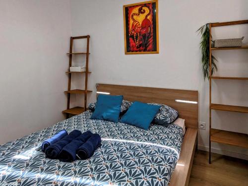 une chambre avec un lit avec des oreillers bleus dessus dans l'établissement La ville à la campagne - Appartement rénové à Héricourt - FR-1-583-490, à Héricourt
