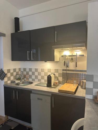 - une cuisine avec des placards noirs et un évier dans l'établissement Appartement cosy, à Saint-Raphaël