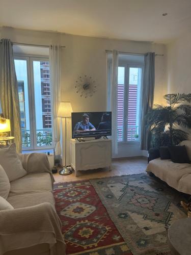 un salon avec un canapé et une télévision dans l'établissement Appartement cosy, à Saint-Raphaël