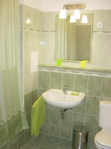 a bathroom with a sink and a toilet and a mirror at Club 218 Wellness Stúdió in Siófok