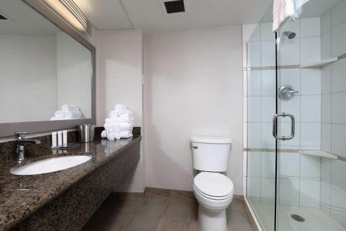 a bathroom with a toilet and a sink and a shower at Radisson Hotel Winnipeg Downtown in Winnipeg