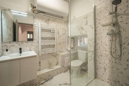 une salle de bain avec une douche, des toilettes et un lavabo dans l'établissement Cocon des halles - Climatisation - Terrasse, à Narbonne