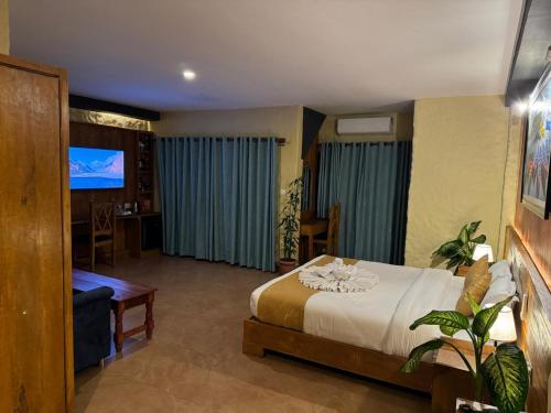 una camera d'albergo con un letto e una televisione di Annapurna Boutique Hotel a Pokhara