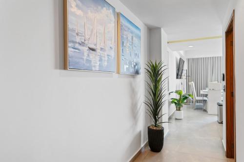 a hallway with two pictures on the wall and a plant at Ocean View - 2 King Size with Homeoffice Space in Mazatlán