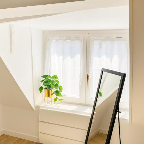 un miroir posé à côté d'une fenêtre avec une plante dans l'établissement Studio Cosy ambiance Tiny House, à Angers