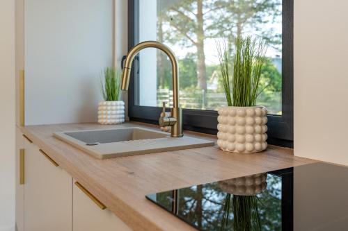 a kitchen counter with a sink and a window at Prestige House Masuria in Wikno
