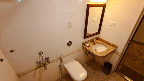 a bathroom with a sink and a toilet and a mirror at Alps Residency - A Bergamont Hotel, Krishnagiri in Krishnagiri