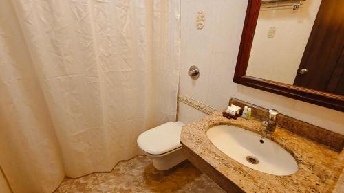 a bathroom with a sink and a toilet and a mirror at Alps Residency - A Bergamont Hotel, Krishnagiri in Krishnagiri
