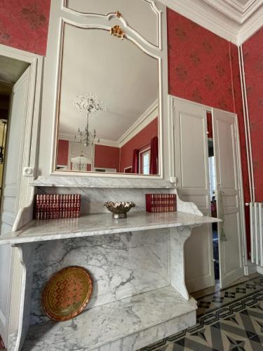 une pièce avec une cheminée en marbre avec un miroir dans l'établissement Dreamy Château for big groups and their pets, à Saint-Ambroix