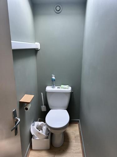 - une salle de bains avec des toilettes blanches dans une cabine dans l'établissement Maison familiale entre océan, golf & forêt, à Anglet