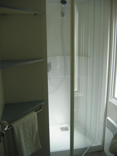 une salle de bain avec une douche avec une porte vitrée dans l'établissement Le mobilhome Chez Camille, à Veynes