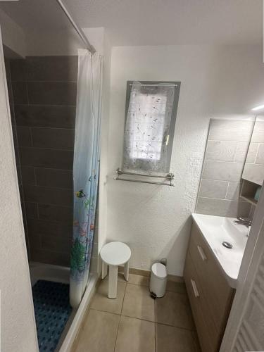 une salle de bain avec une douche, des toilettes et un lavabo dans l'établissement Appartement - piscine collective - terrasse - place de parking, à Saintes-Maries-de-la-Mer
