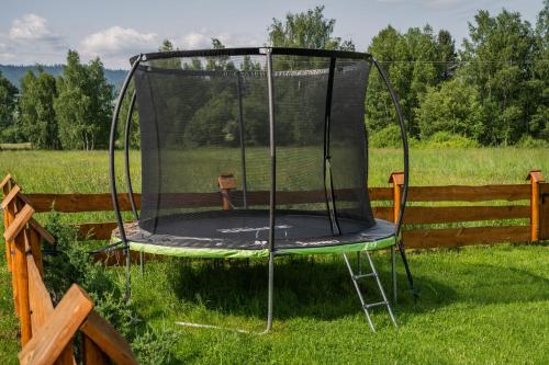 a trampoline in the grass in a yard at Gorczańska Sapałówka in Maniowy