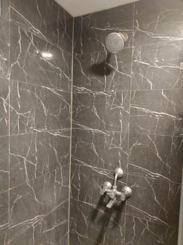 a bathroom with a shower with a stone wall at Gaur City Mall Homestay in Ghaziabad