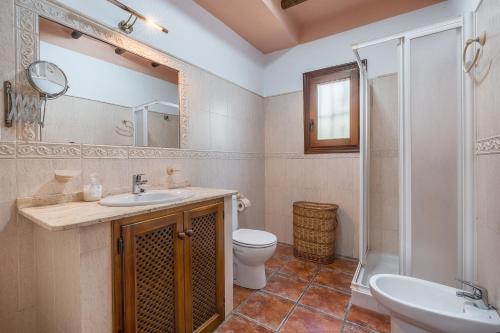 a bathroom with a sink and a toilet and a shower at Cortijo Molino Benizarte in Órgiva