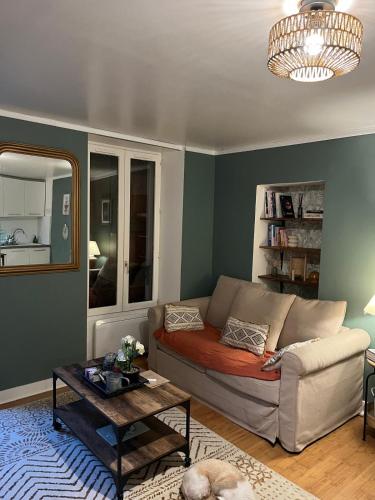 un salon avec un canapé et une table dans l'établissement Le Cocon Bellifontain - Appartement Confort - Proche Centre Ville, à Fontainebleau