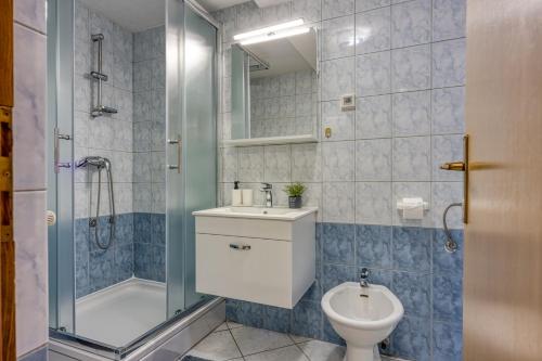 a bathroom with a toilet and a shower and a sink at Apartments Saladinka in Poreč
