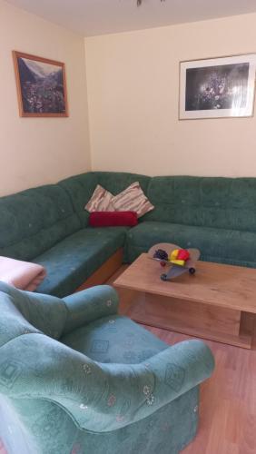 a living room with a green couch and a wooden table at Nieslerhof in Mayrhofen
