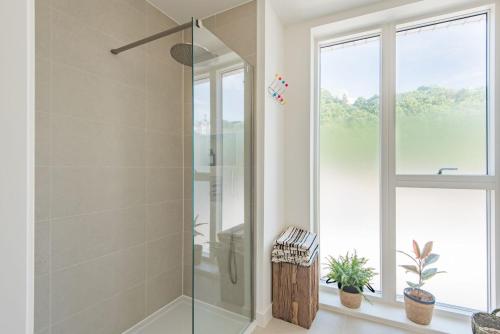 ein Badezimmer mit einer Glasdusche mit Fenster in der Unterkunft The Perch at Shoreline in Folkestone