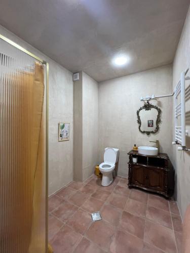 ein Badezimmer mit Toilette, Waschbecken und Dusche in der Unterkunft Lomi's Homey - Rooms in Tbilisi City