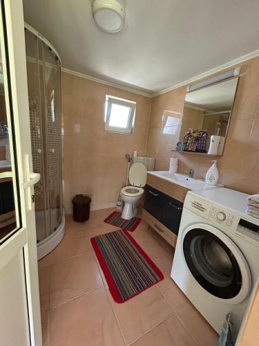 a bathroom with a washing machine and a sink at Coltul verde in Târgu Neamț