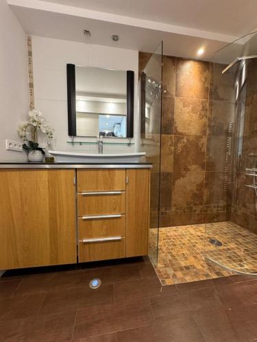 une salle de bain avec un lavabo et une douche dans l'établissement SIENA - Appartement 6 personnes avec Terrasse et Jacuzzi plein cœur centre-ville quartier du Port de Nice, à Nice