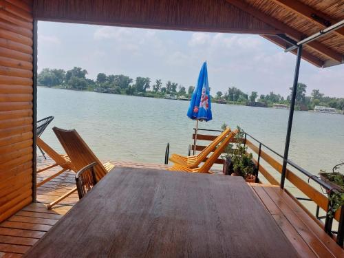 a wooden deck with a table and an umbrella at Splav na Savi in Pe°ani