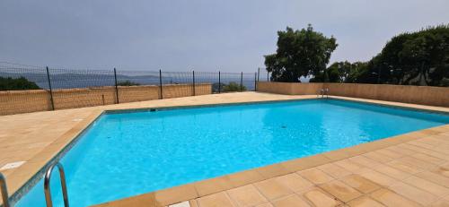 une piscine avec vue sur l'océan dans l'établissement Jardin d azur Magnifique vue mer et piscine, à Cavalaire-sur-Mer