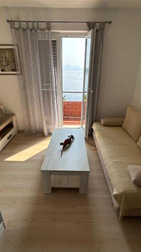 a living room with a table and a large window at Apartments Anica in Sobra