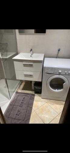 une salle de bain avec une machine à laver et un lavabo dans l'établissement Antibes, à Antibes