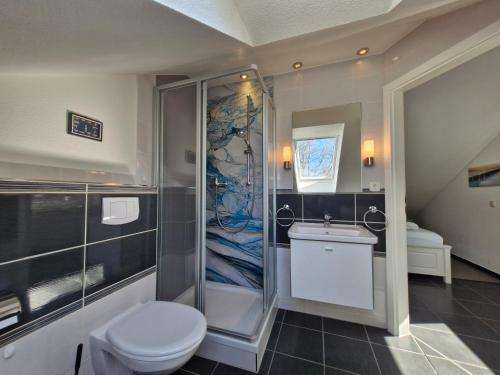 ein Badezimmer mit Dusche, Toilette und Waschbecken in der Unterkunft Urlauberdorf Haus 31d in Boltenhagen