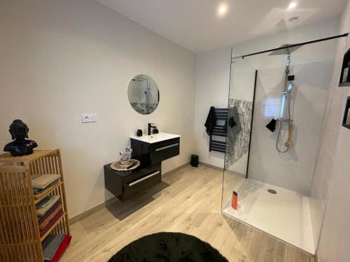 une salle de bain avec un lavabo et une douche en verre dans l'établissement Maison de vacances en pierre, à Saint-Sylvestre-sur-Lot