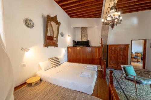 a bedroom with a bed and a mirror and a chair at Arte Lindos Suites in Líndos