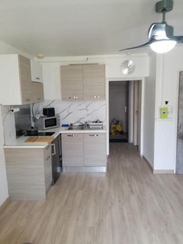 Il comprend une grande cuisine avec des placards blancs et du parquet. dans l'établissement STUDIO CURISTES LAMALOU LES BAINs, à Lamalou-les-Bains