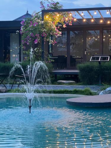a fountain in the middle of a pool of water at DSD Resort in Háº£i Háº­u