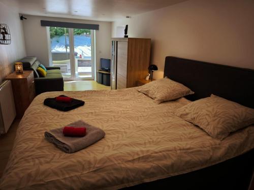 a bedroom with a large bed with two pillows on it at Studio moderne à proximité des 7 Meuses in Profondeville