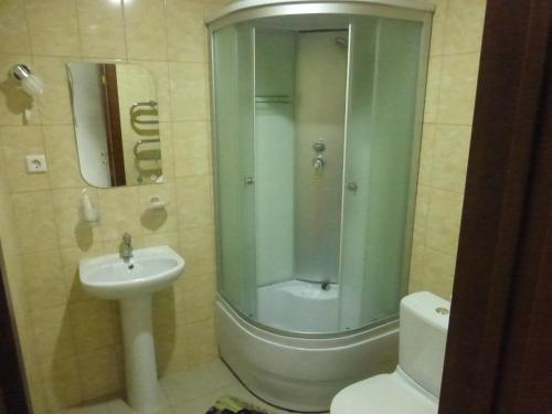 車里雅賓斯克的住宿－Mini-Hotel Nikolskaya，带淋浴、盥洗盆和卫生间的浴室