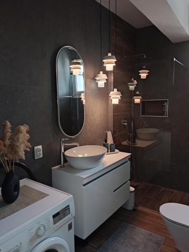 a bathroom with a sink and a mirror and a washing machine at Sunny Luxury House Iraklitsa in Iraklitsa