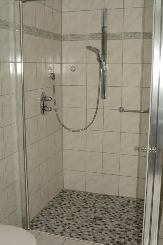 a bathroom with a shower with a glass door at Wellness-Ferienwohnung-EifelErnstbergblick 1 in Daun