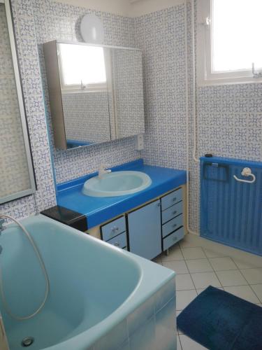 une salle de bain bleue avec un lavabo et un miroir dans l'établissement Appartement 302, à Montreuil