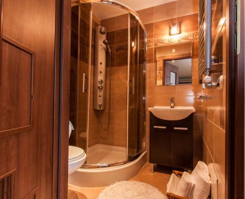 łazienka z prysznicem, umywalką i toaletą w obiekcie Apartament Granat w Zakopanem