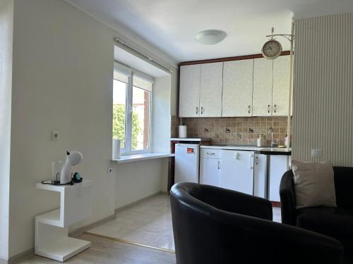 a kitchen with white cabinets and white appliances at Danės 5 apartament in Klaipėda